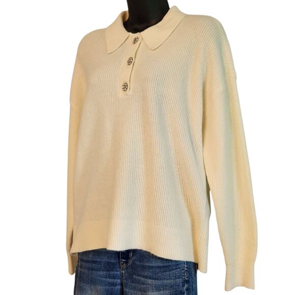 LOFT cream collared sweater jeweled  buttons size M NWT - Picture 2 of 9